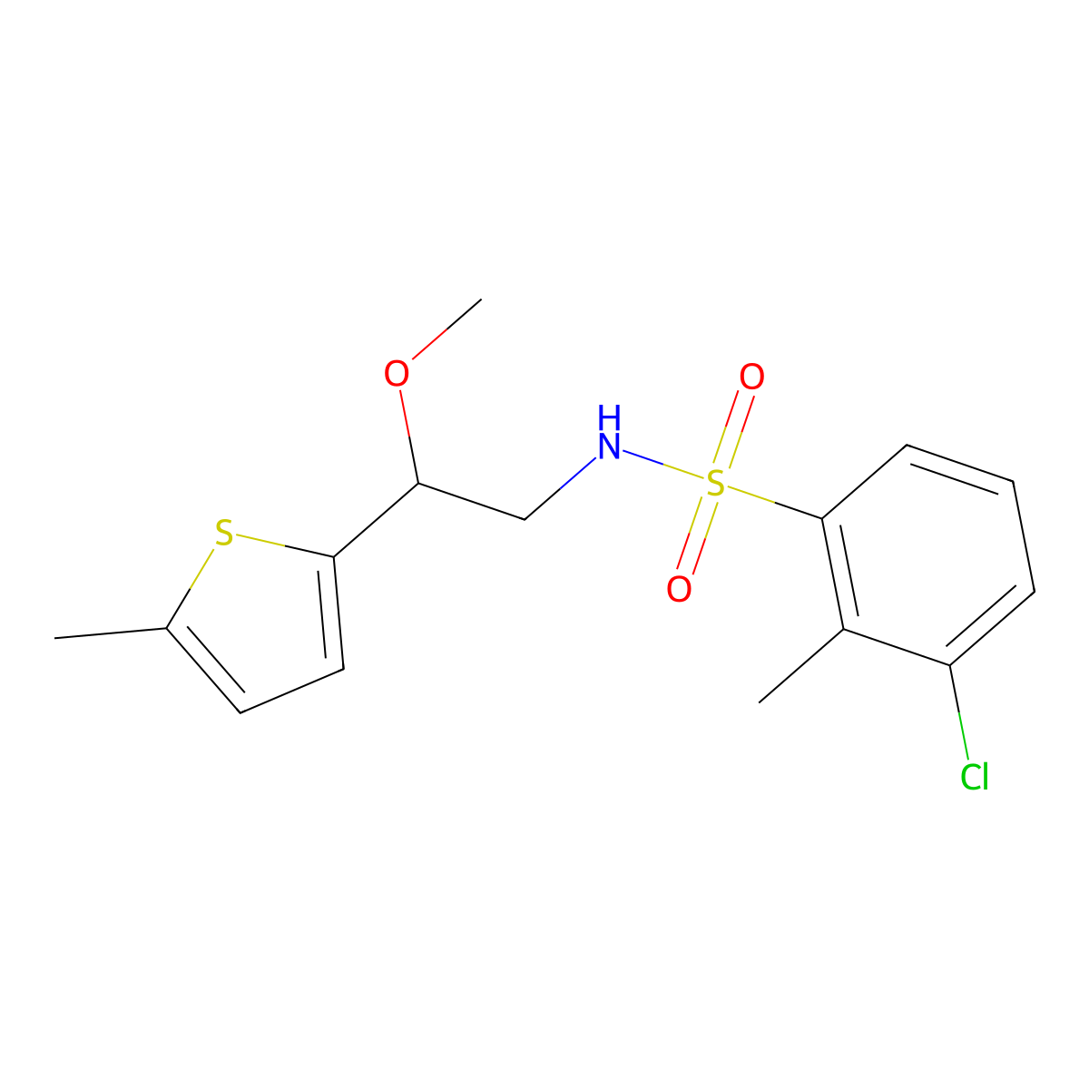 3-chloro-N-(2-methoxy-2-(5-methylthiophen-2-yl)ethyl)-2-methylbenzenesulfonamide molecular structure, CAS 1797159-63-7