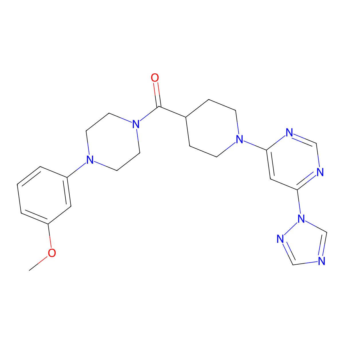 (1-(6-(1H-1,2,4-triazol-1-yl)pyrimidin-4-yl)piperidin-4-yl)(4-(3-methoxyphenyl)piperazin-1-yl)methanone molecular structure, CAS 1797160-71-4