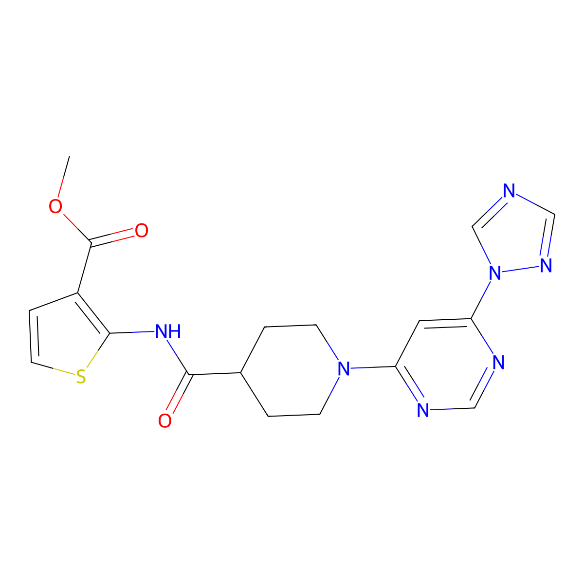 methyl 2-(1-(6-(1H-1,2,4-triazol-1-yl)pyrimidin-4-yl)piperidine-4-carboxamido)thiophene-3-carboxylate molecular structure, CAS 1797160-74-7