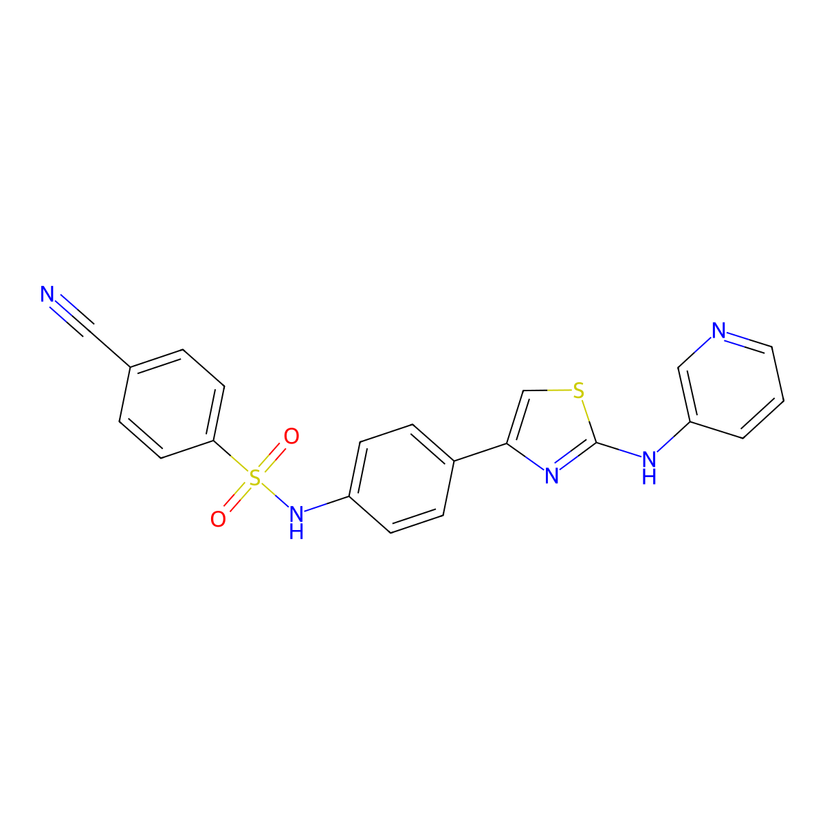 4-cyano-N-(4-(2-(pyridin-3-ylamino)thiazol-4-yl)phenyl)benzenesulfonamide molecular structure, CAS 1797160-76-9