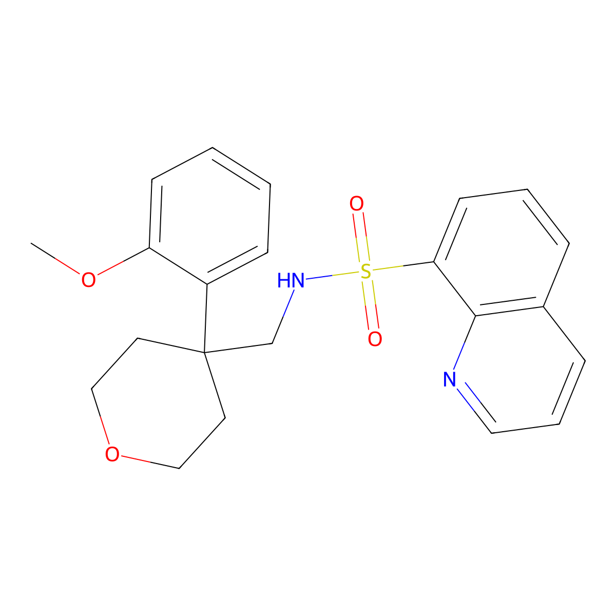 N-((4-(2-methoxyphenyl)tetrahydro-2H-pyran-4-yl)methyl)quinoline-8-sulfonamide molecular structure, CAS 1797171-58-4