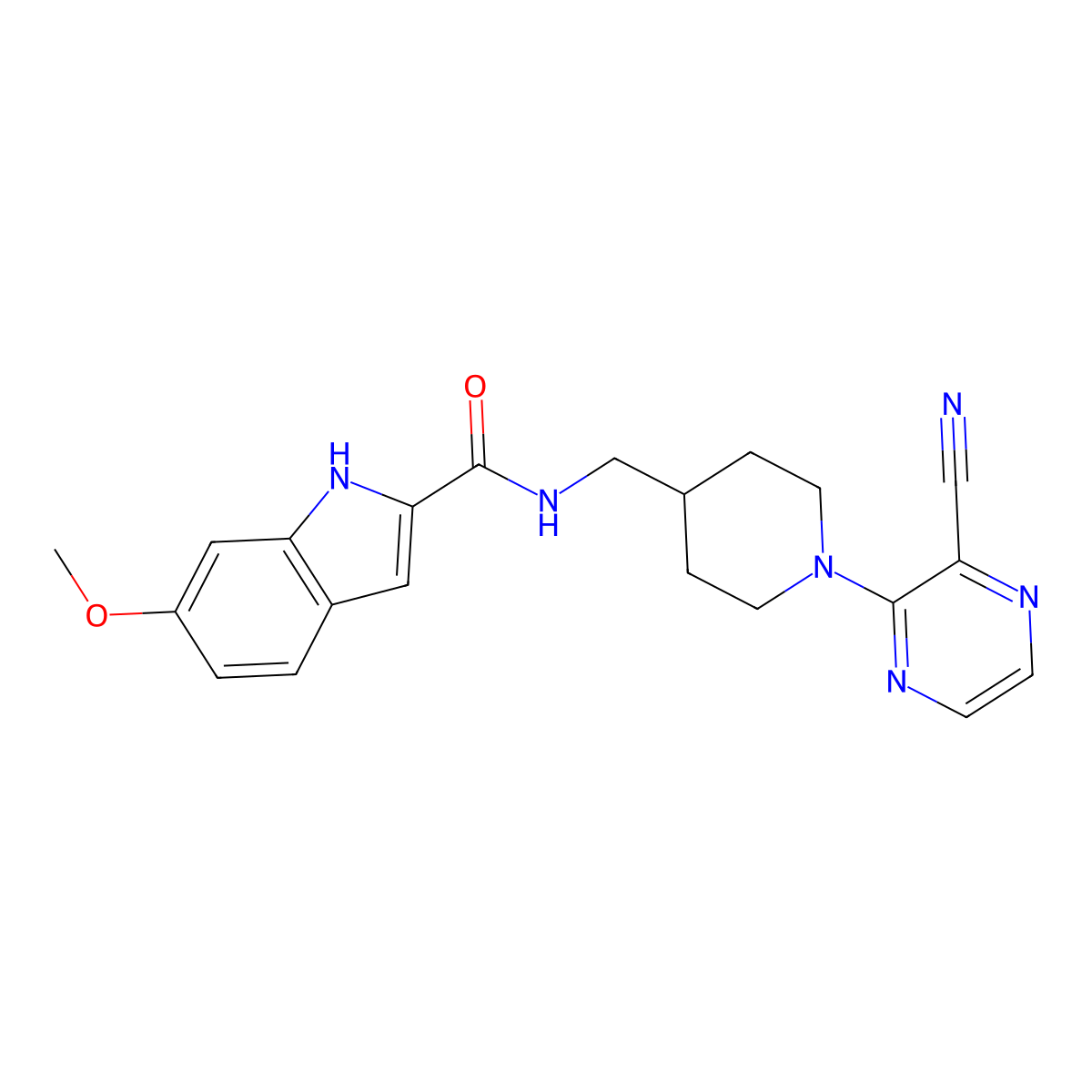 N-((1-(3-cyanopyrazin-2-yl)piperidin-4-yl)methyl)-6-methoxy-1H-indole-2-carboxamide molecular structure, CAS 1797172-96-3
