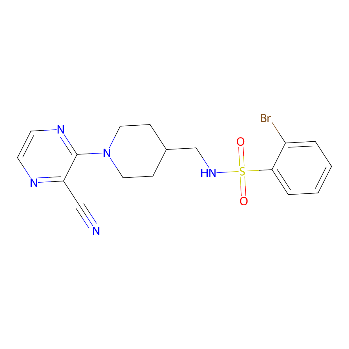 2-bromo-N-((1-(3-cyanopyrazin-2-yl)piperidin-4-yl)methyl)benzenesulfonamide molecular structure, CAS 1797173-14-8