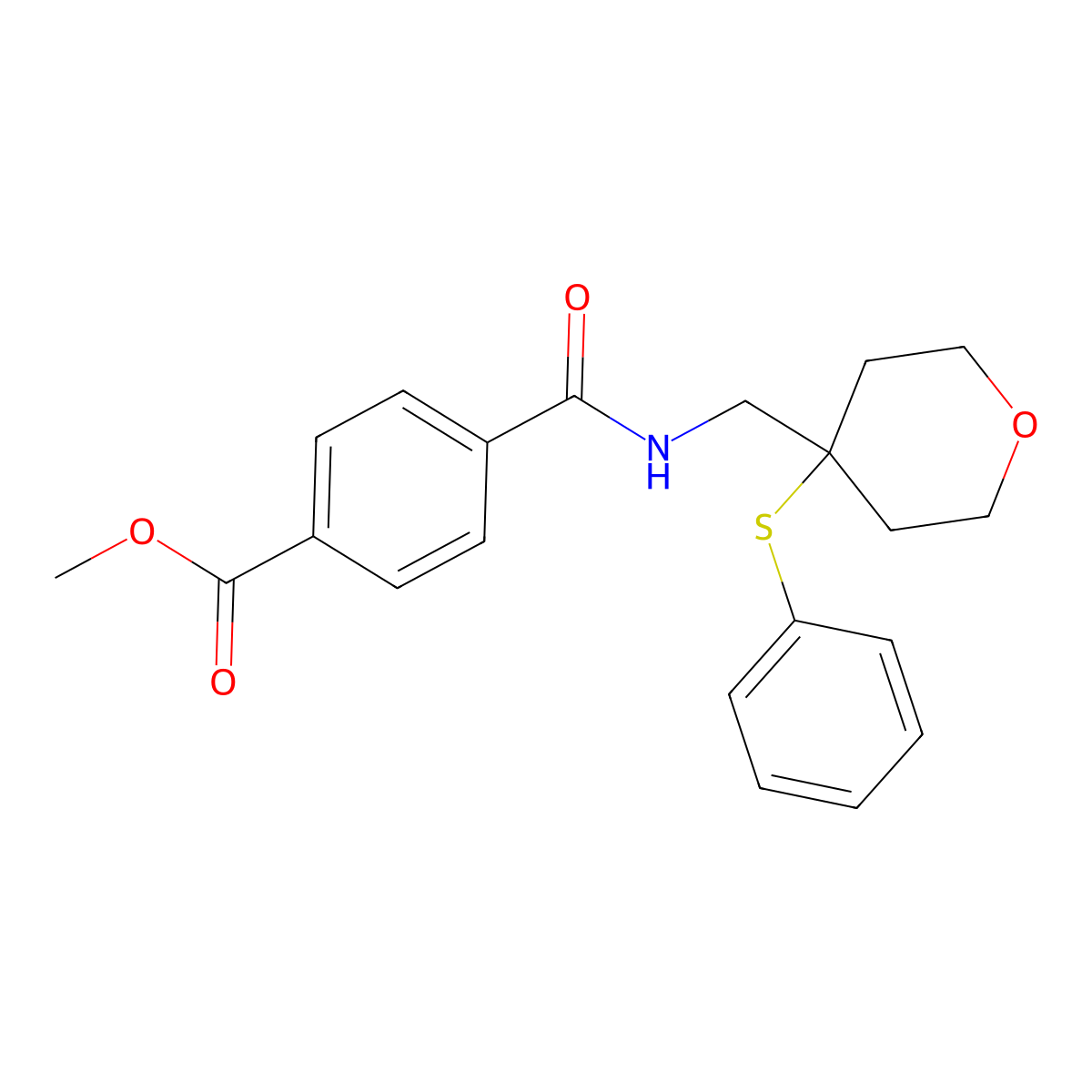 methyl 4-(((4-(phenylthio)tetrahydro-2H-pyran-4-yl)methyl)carbamoyl)benzoate molecular structure, CAS 1797173-59-1