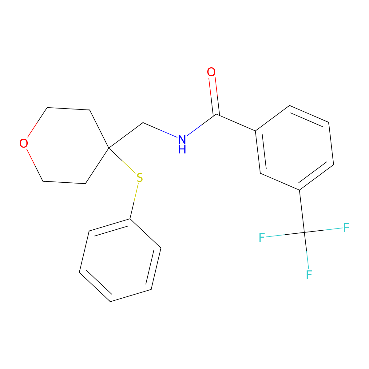 N-((4-(phenylthio)tetrahydro-2H-pyran-4-yl)methyl)-3-(trifluoromethyl)benzamide molecular structure, CAS 1797173-63-7