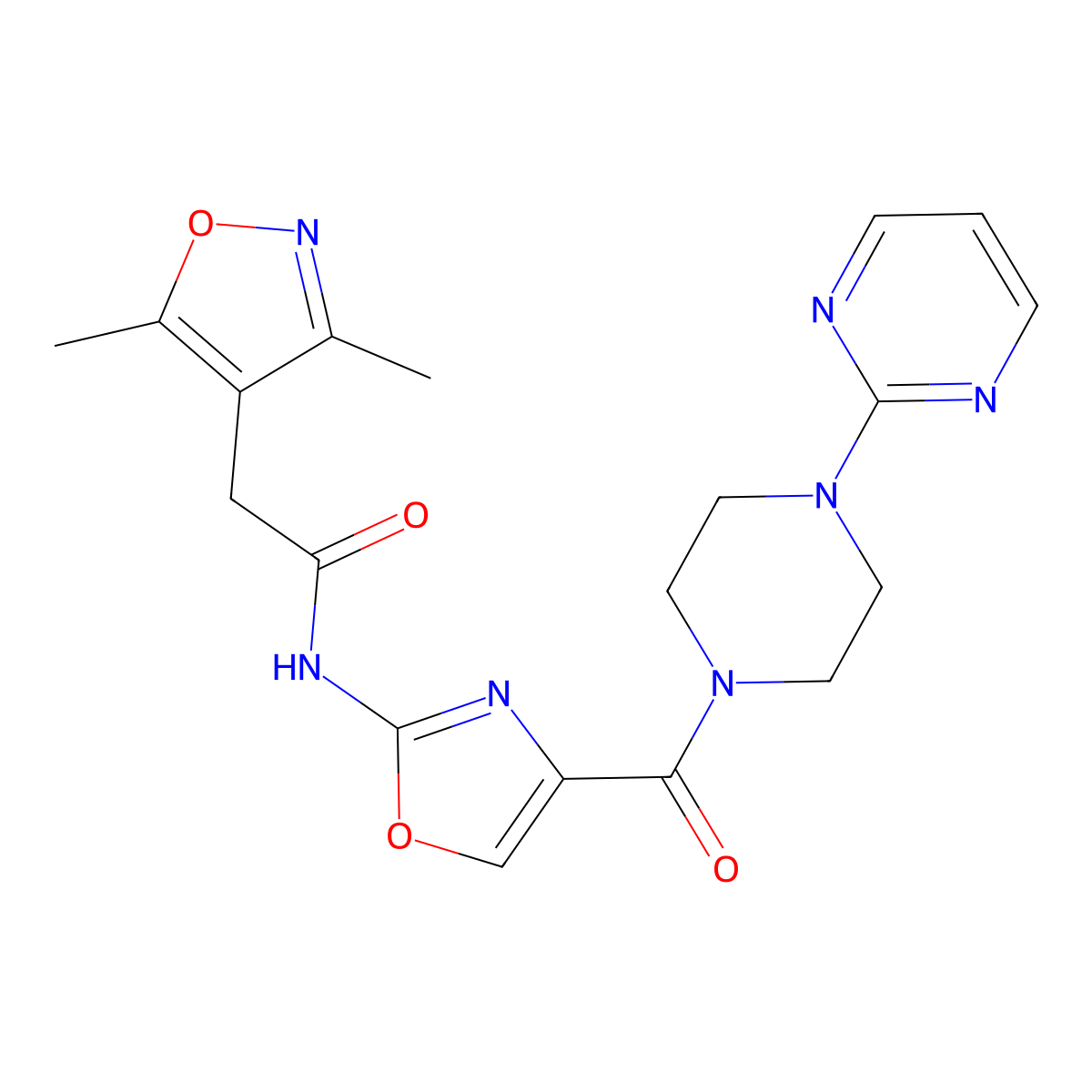 2-(3,5-dimethylisoxazol-4-yl)-N-(4-(4-(pyrimidin-2-yl)piperazine-1-carbonyl)oxazol-2-yl)acetamide molecular structure, CAS 1797173-84-2