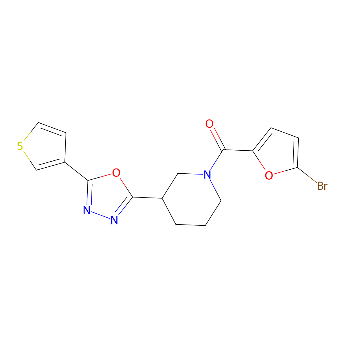 (5-Bromofuran-2-yl)(3-(5-(thiophen-3-yl)-1,3,4-oxadiazol-2-yl)piperidin-1-yl)methanone molecular structure, CAS 1797174-09-4