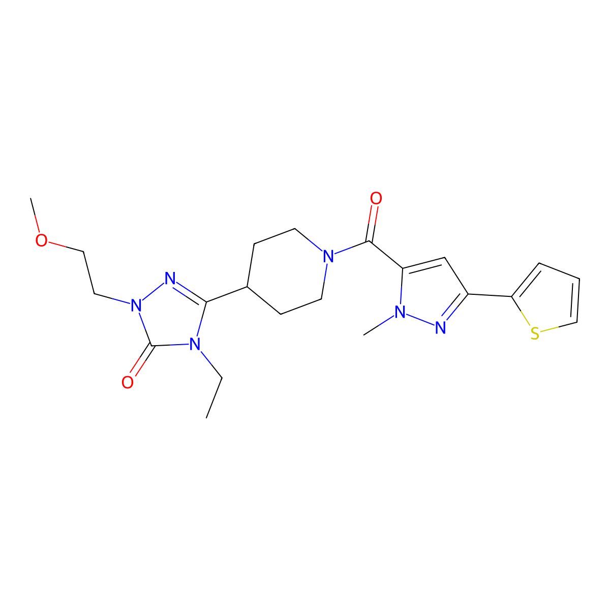 4-ethyl-1-(2-methoxyethyl)-3-(1-(1-methyl-3-(thiophen-2-yl)-1H-pyrazole-5-carbonyl)piperidin-4-yl)-1H-1,2,4-triazol-5(4H)-one molecular structure, CAS 1797174-14-1