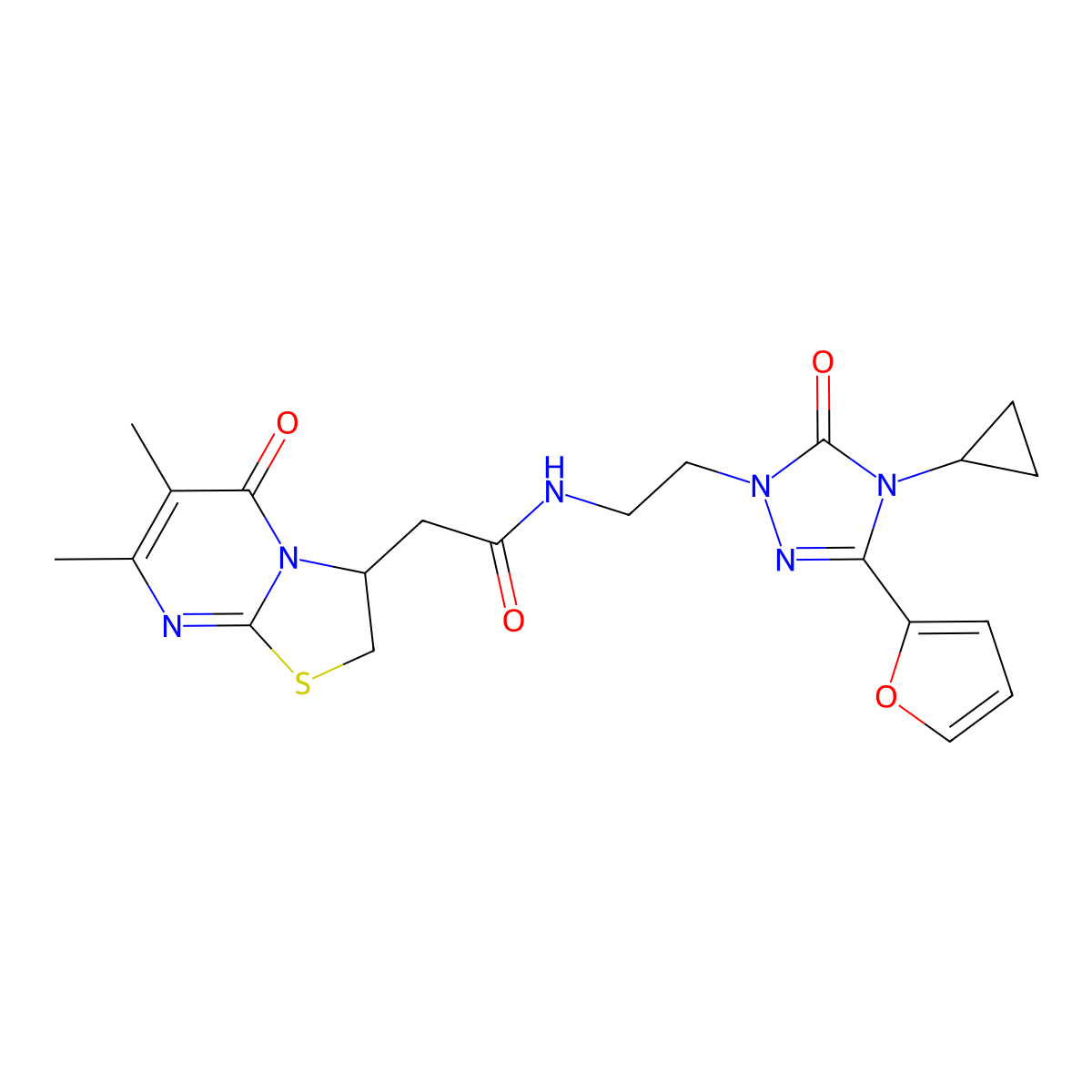 N-(2-(4-cyclopropyl-3-(furan-2-yl)-5-oxo-4,5-dihydro-1H-1,2,4-triazol-1-yl)ethyl)-2-(6,7-dimethyl-5-oxo-3,5-dihydro-2H-thiazolo[3,2-a]pyrimidin-3-yl)acetamide molecular structure, CAS 1797174-44-7
