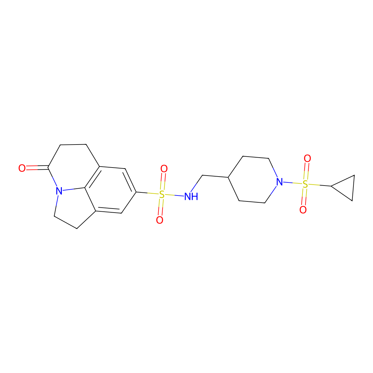 N-{[1-(cyclopropanesulfonyl)piperidin-4-yl]methyl}-11-oxo-1-azatricyclo[6.3.1.0^{4,12}]dodeca-4(12),5,7-triene-6-sulfonamide molecular structure, CAS 1797175-44-0
