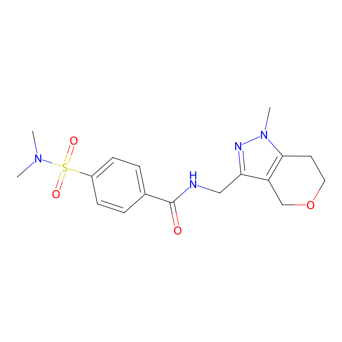 4-(N,N-dimethylsulfamoyl)-N-((1-methyl-1,4,6,7-tetrahydropyrano[4,3-c]pyrazol-3-yl)methyl)benzamide molecular structure, CAS 1797175-58-6