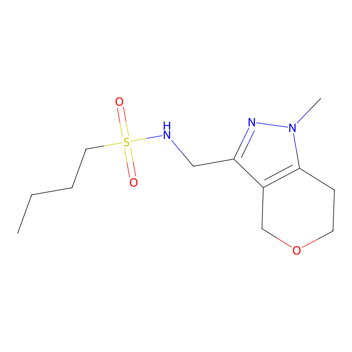 N-((1-methyl-1,4,6,7-tetrahydropyrano[4,3-c]pyrazol-3-yl)methyl)butane-1-sulfonamide molecular structure, CAS 1797175-74-6