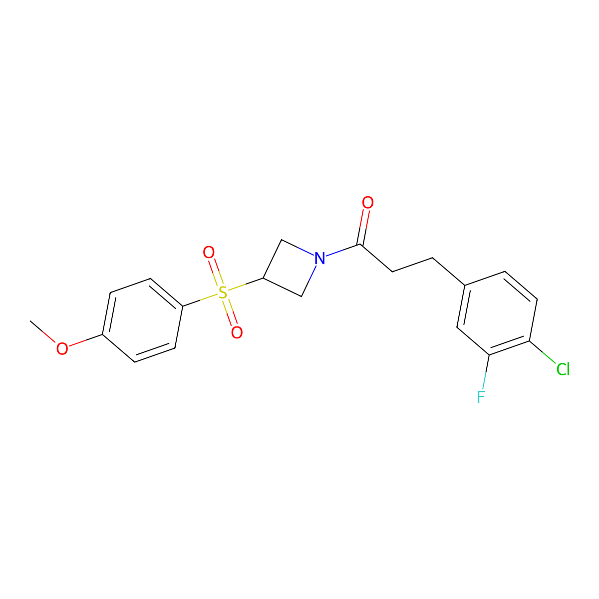 3-(4-Chloro-3-fluorophenyl)-1-(3-((4-methoxyphenyl)sulfonyl)azetidin-1-yl)propan-1-one molecular structure, CAS 1797176-82-9