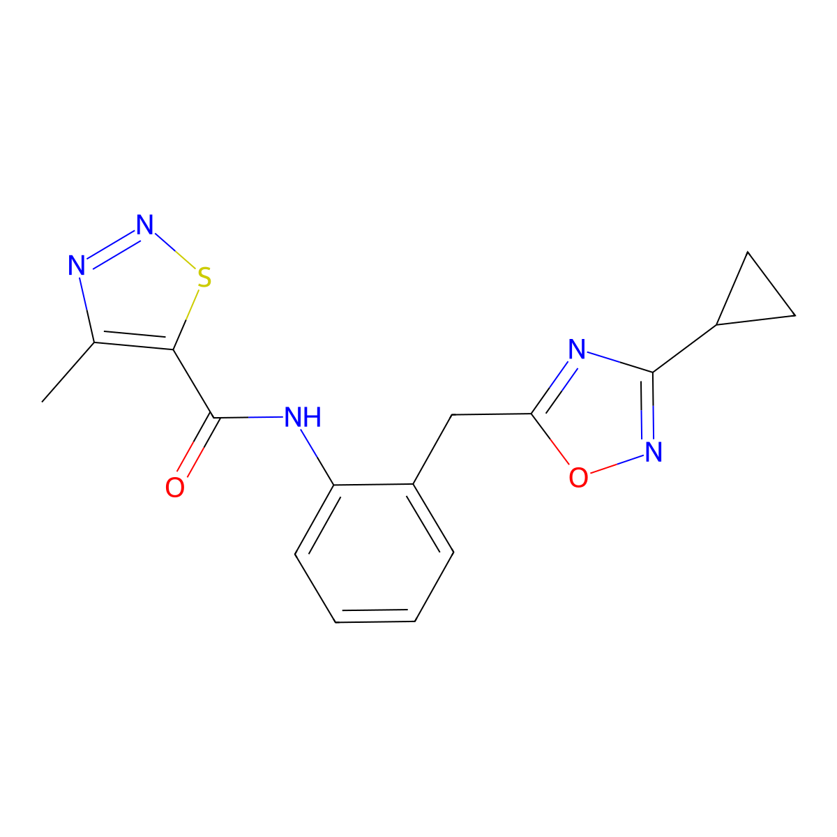 N-{2-[(3-Cyclopropyl-1,2,4-oxadiazol-5-YL)methyl]phenyl}-4-methyl-1,2,3-thiadiazole-5-carboxamide molecular structure, CAS 1797181-04-4