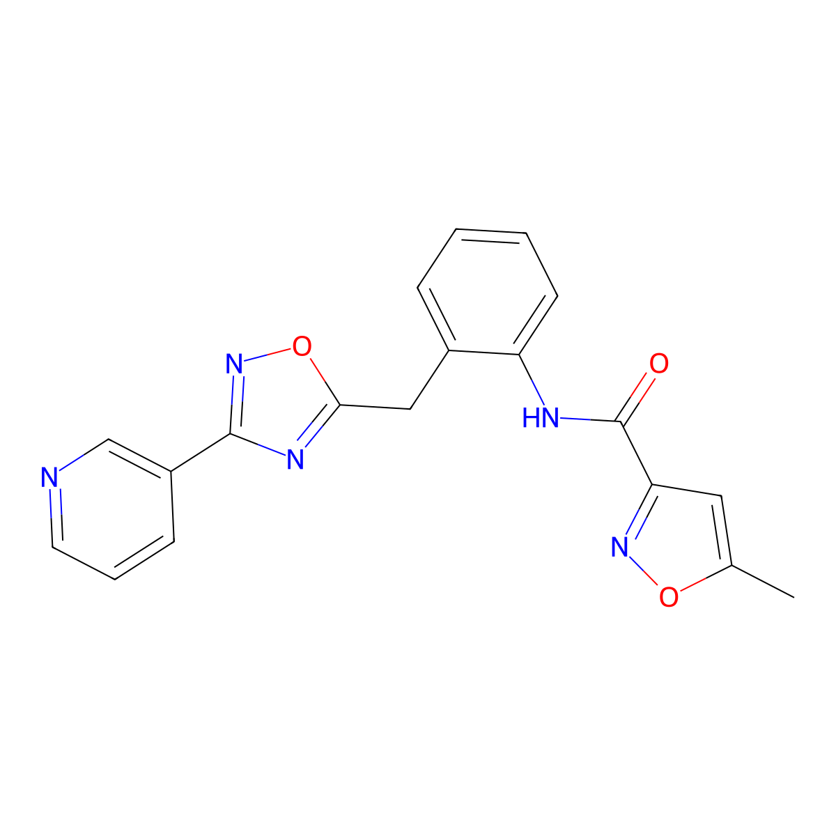 5-methyl-N-(2-((3-(pyridin-3-yl)-1,2,4-oxadiazol-5-yl)methyl)phenyl)isoxazole-3-carboxamide molecular structure, CAS 1797181-15-7