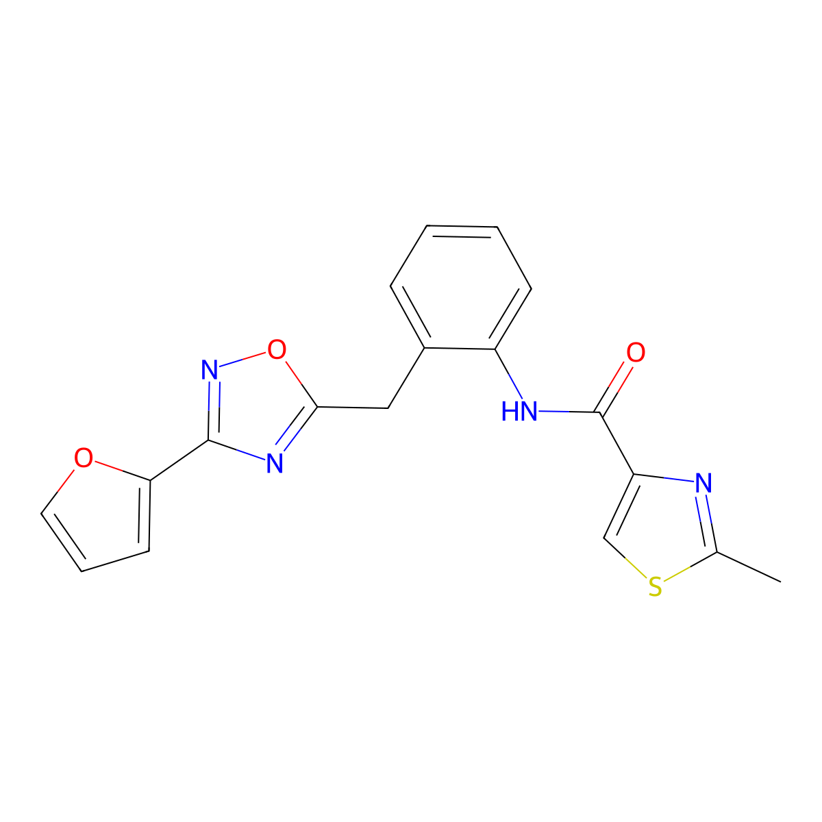 N-(2-((3-(furan-2-yl)-1,2,4-oxadiazol-5-yl)methyl)phenyl)-2-methylthiazole-4-carboxamide molecular structure, CAS 1797181-52-2