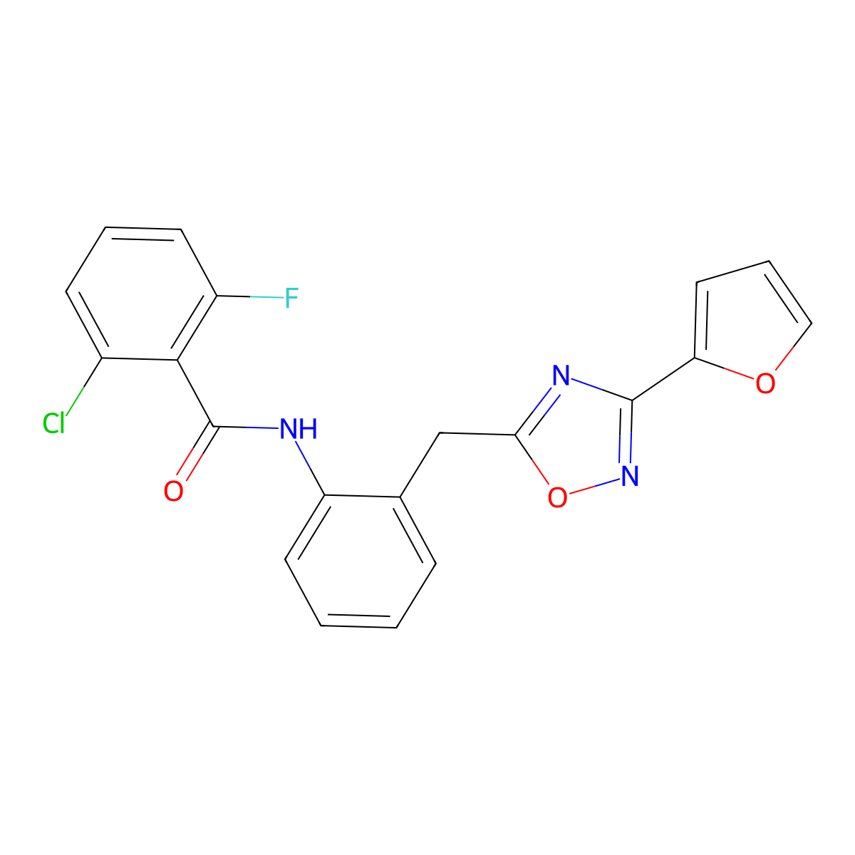 2-chloro-6-fluoro-N-(2-((3-(furan-2-yl)-1,2,4-oxadiazol-5-yl)methyl)phenyl)benzamide molecular structure, CAS 1797181-58-8