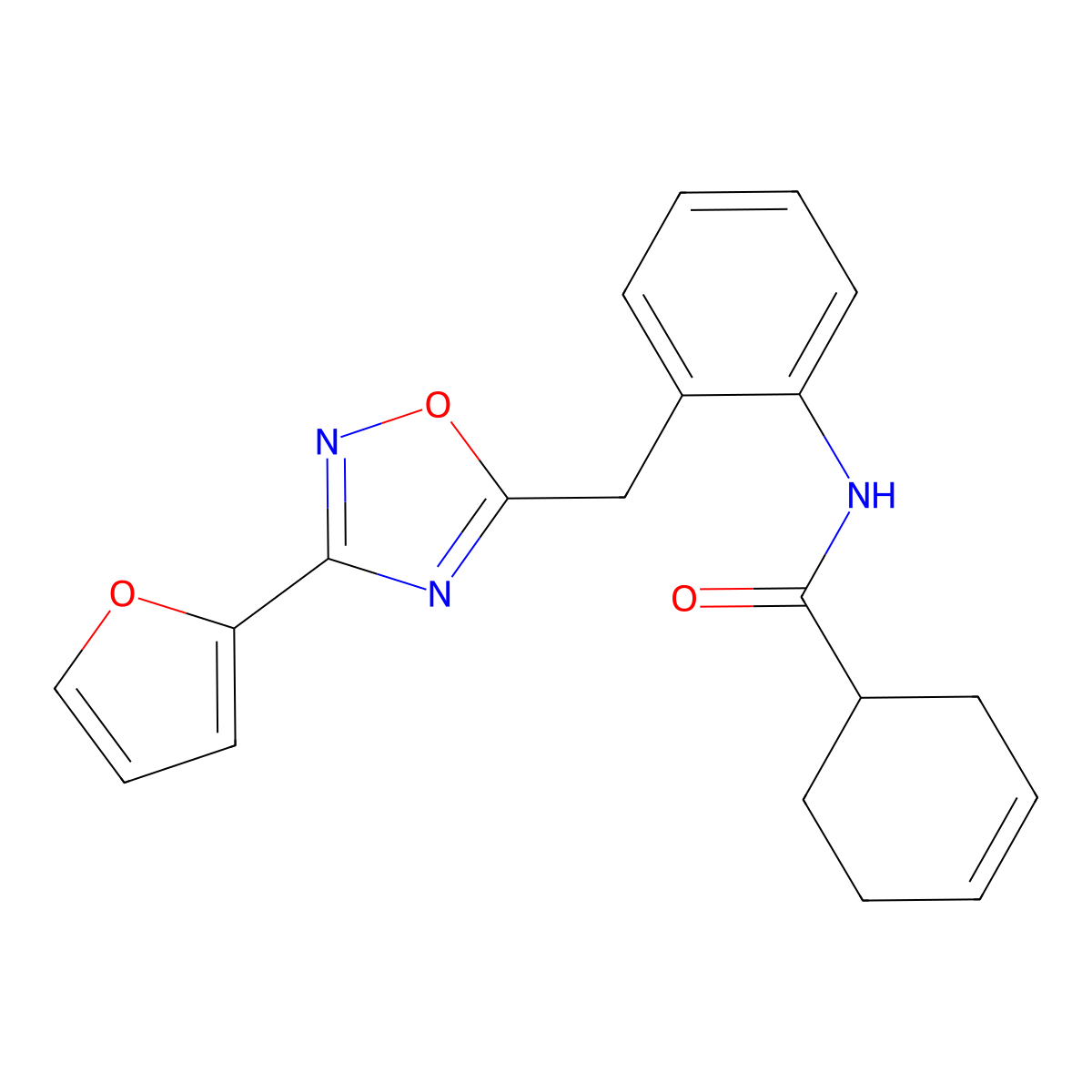 N-(2-((3-(furan-2-yl)-1,2,4-oxadiazol-5-yl)methyl)phenyl)cyclohex-3-enecarboxamide molecular structure, CAS 1797181-75-9