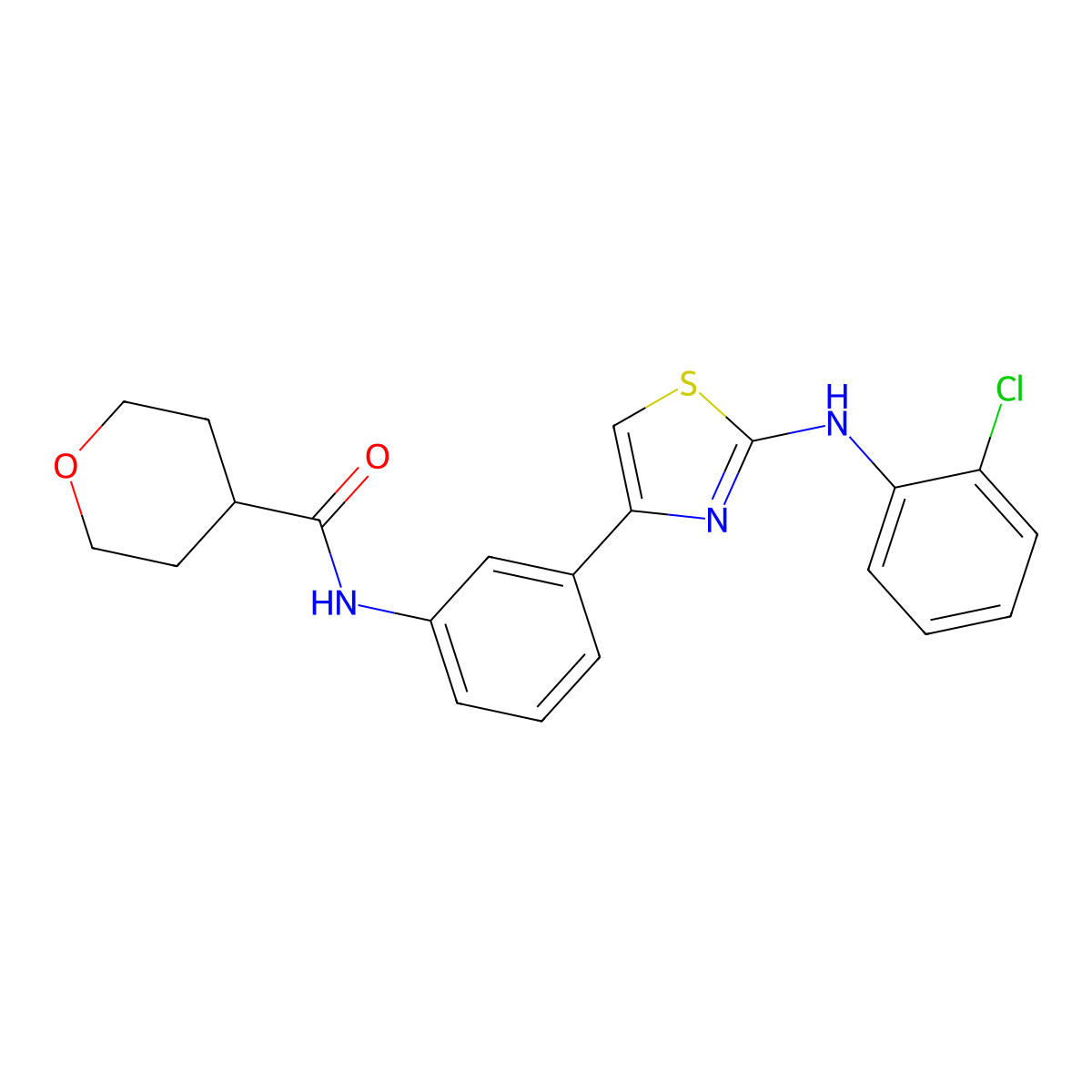 N-(3-(2-((2-chlorophenyl)amino)thiazol-4-yl)phenyl)tetrahydro-2H-pyran-4-carboxamide molecular structure, CAS 1797181-84-0