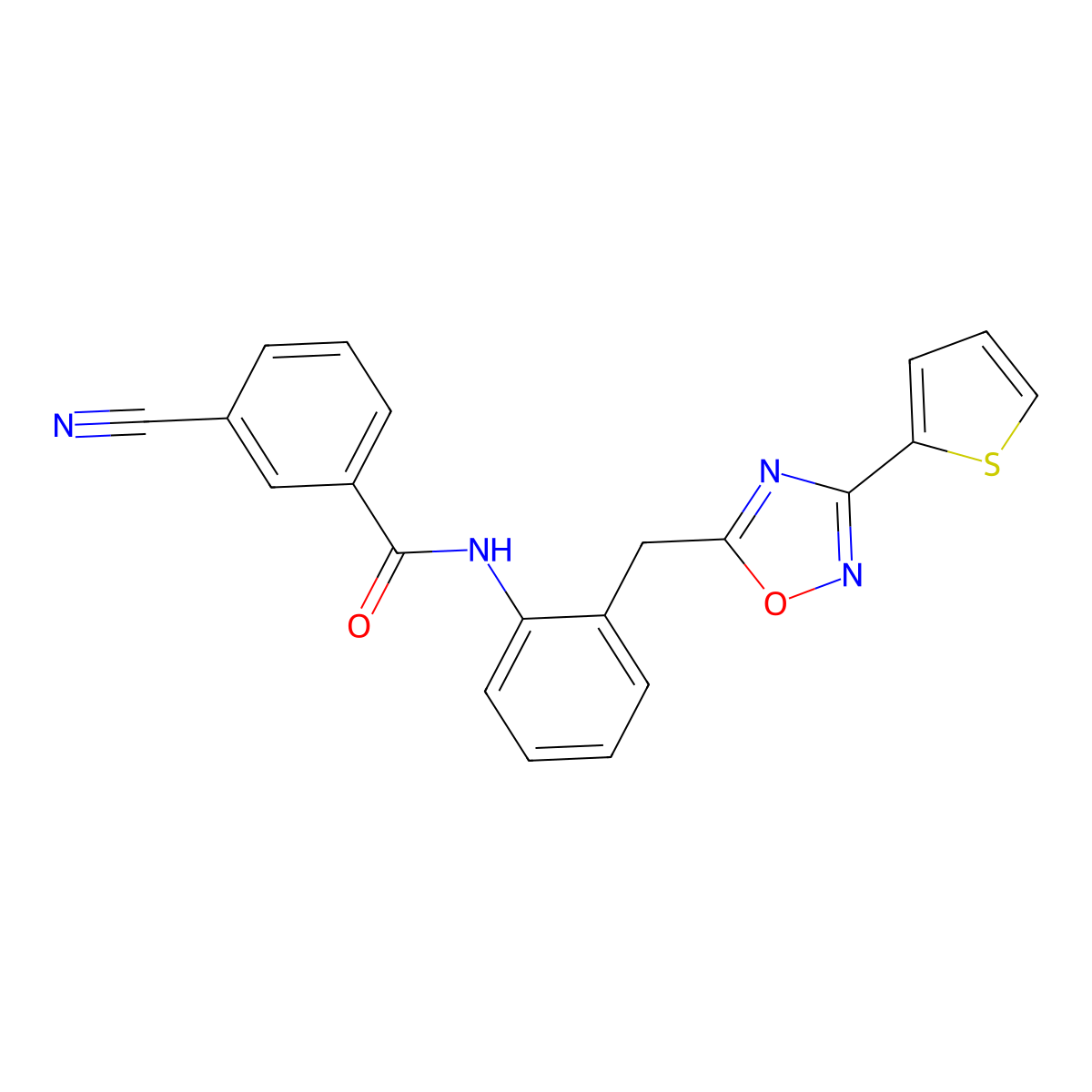3-Cyano-N-(2-{[3-(thiophen-2-YL)-1,2,4-oxadiazol-5-YL]methyl}phenyl)benzamide molecular structure, CAS 1797181-90-8