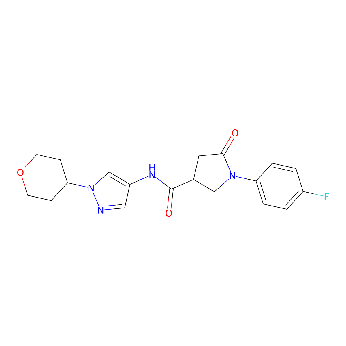 1-(4-fluorophenyl)-5-oxo-N-(1-(tetrahydro-2H-pyran-4-yl)-1H-pyrazol-4-yl)pyrrolidine-3-carboxamide molecular structure, CAS 1797182-06-9