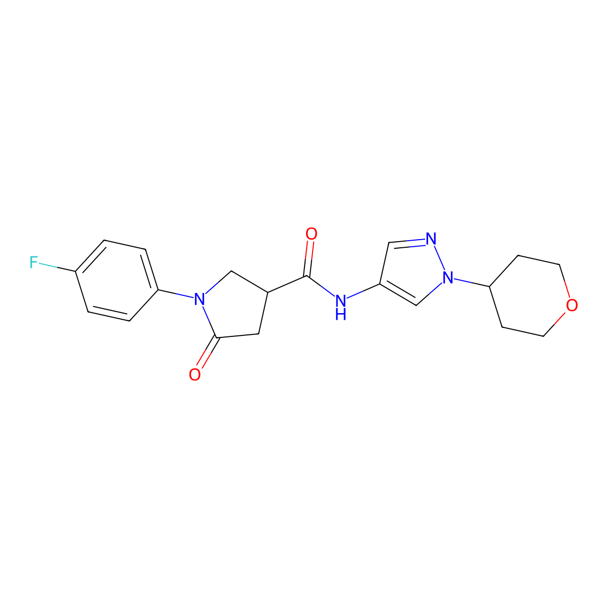 1-(4-fluorophenyl)-5-oxo-N-(1-(tetrahydro-2H-pyran-4-yl)-1H-pyrazol-4-yl)pyrrolidine-3-carboxamide molecular structure, CAS 1797182-06-9