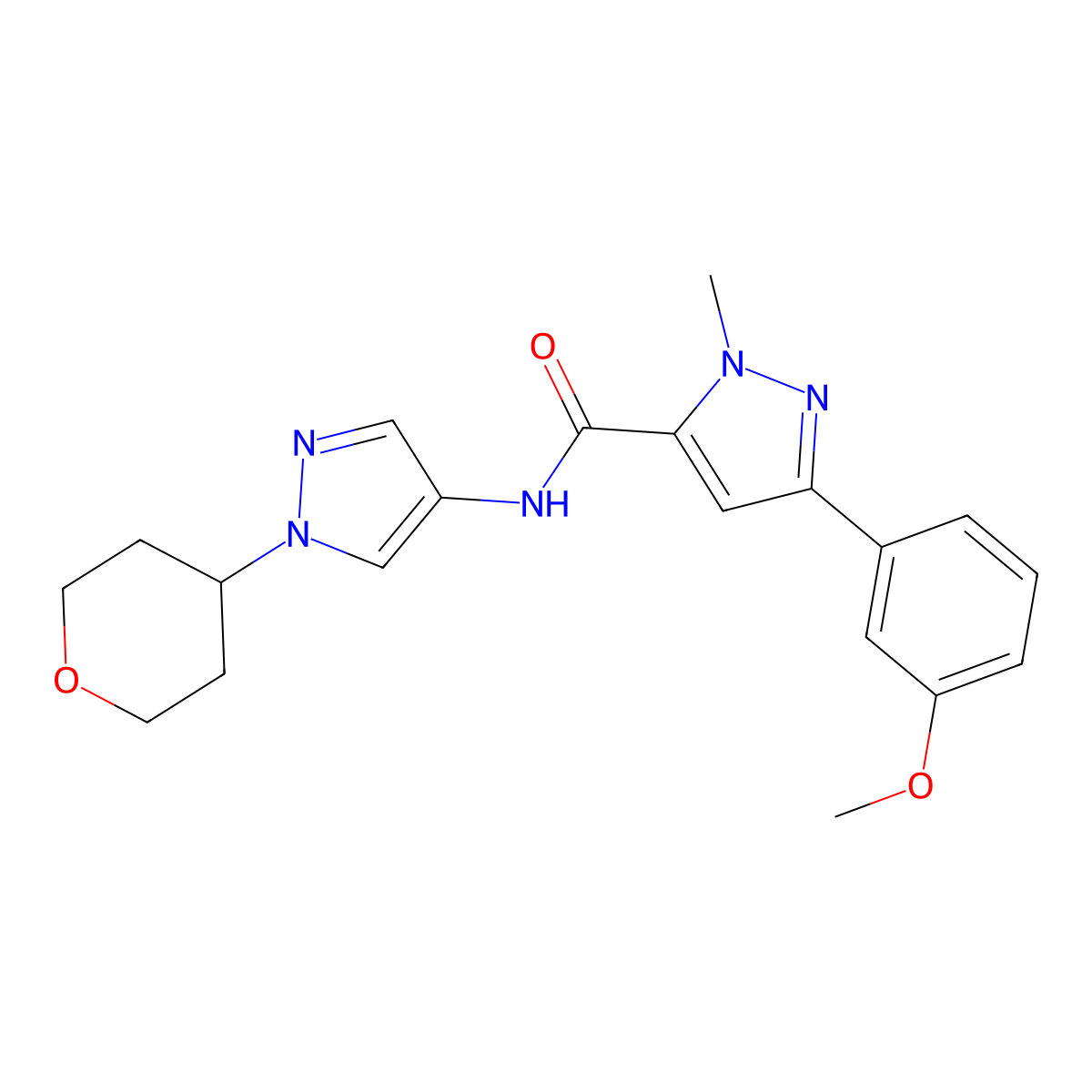 3-(3-methoxyphenyl)-1-methyl-N-(1-(tetrahydro-2H-pyran-4-yl)-1H-pyrazol-4-yl)-1H-pyrazole-5-carboxamide molecular structure, CAS 1797182-11-6