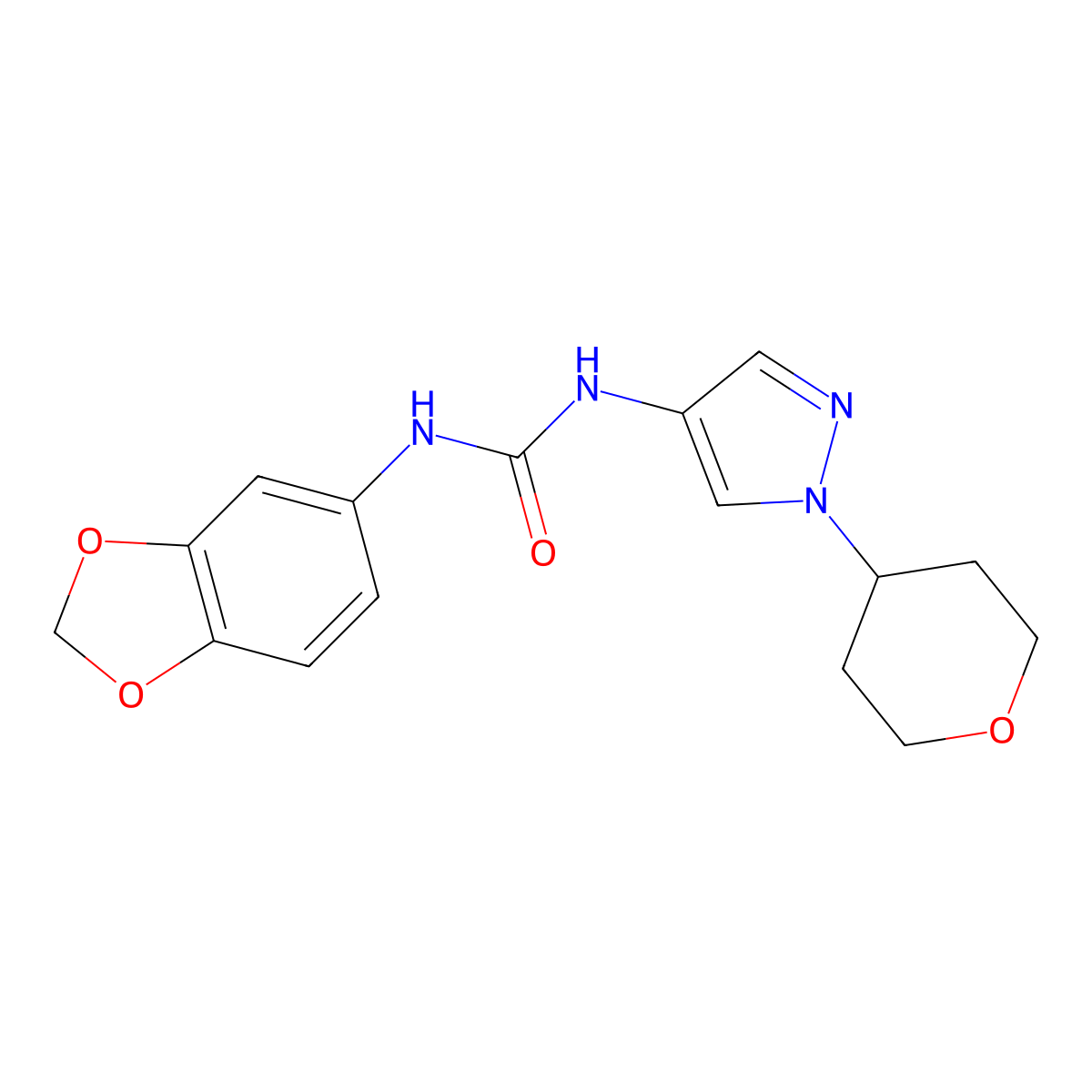 1-(benzo[d][1,3]dioxol-5-yl)-3-(1-(tetrahydro-2H-pyran-4-yl)-1H-pyrazol-4-yl)urea molecular structure, CAS 1797182-15-0
