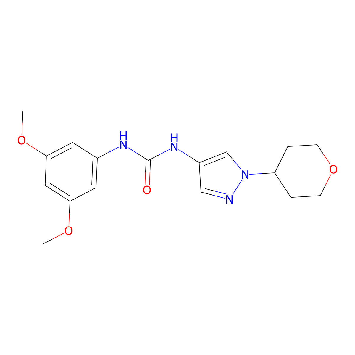 1-(3,5-dimethoxyphenyl)-3-(1-(tetrahydro-2H-pyran-4-yl)-1H-pyrazol-4-yl)urea molecular structure, CAS 1797182-23-0