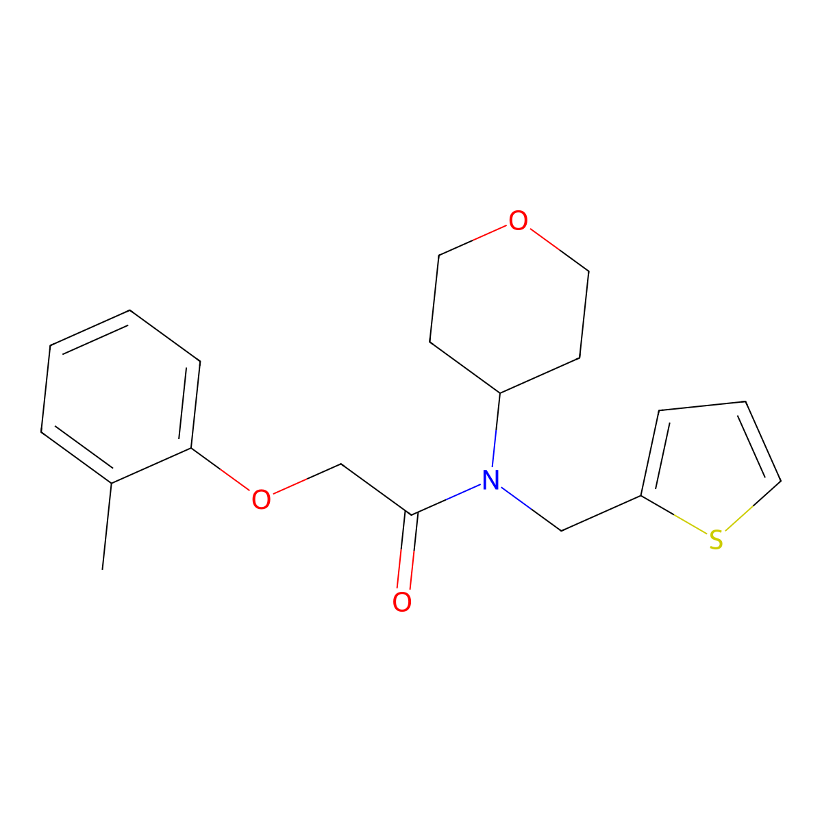 N-(tetrahydro-2H-pyran-4-yl)-N-(thiophen-2-ylmethyl)-2-(o-tolyloxy)acetamide molecular structure, CAS 1797182-28-5