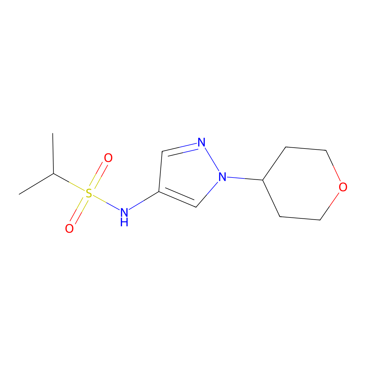 N-(1-(tetrahydro-2H-pyran-4-yl)-1H-pyrazol-4-yl)propane-2-sulfonamide molecular structure, CAS 1797182-38-7
