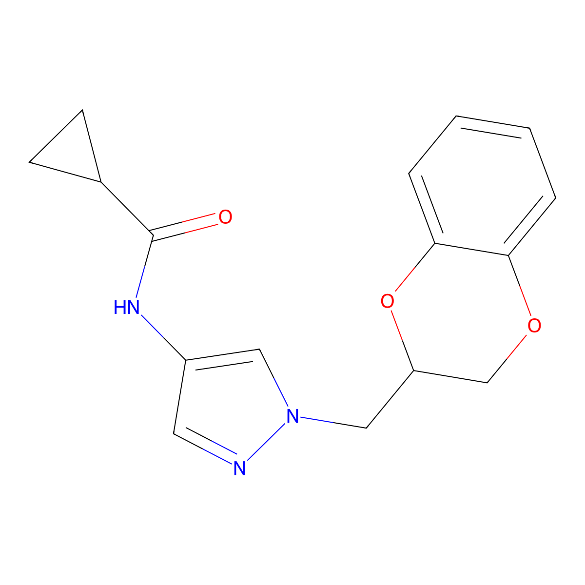 N-(1-((2,3-dihydrobenzo[b][1,4]dioxin-2-yl)methyl)-1H-pyrazol-4-yl)cyclopropanecarboxamide molecular structure, CAS 1797182-46-7