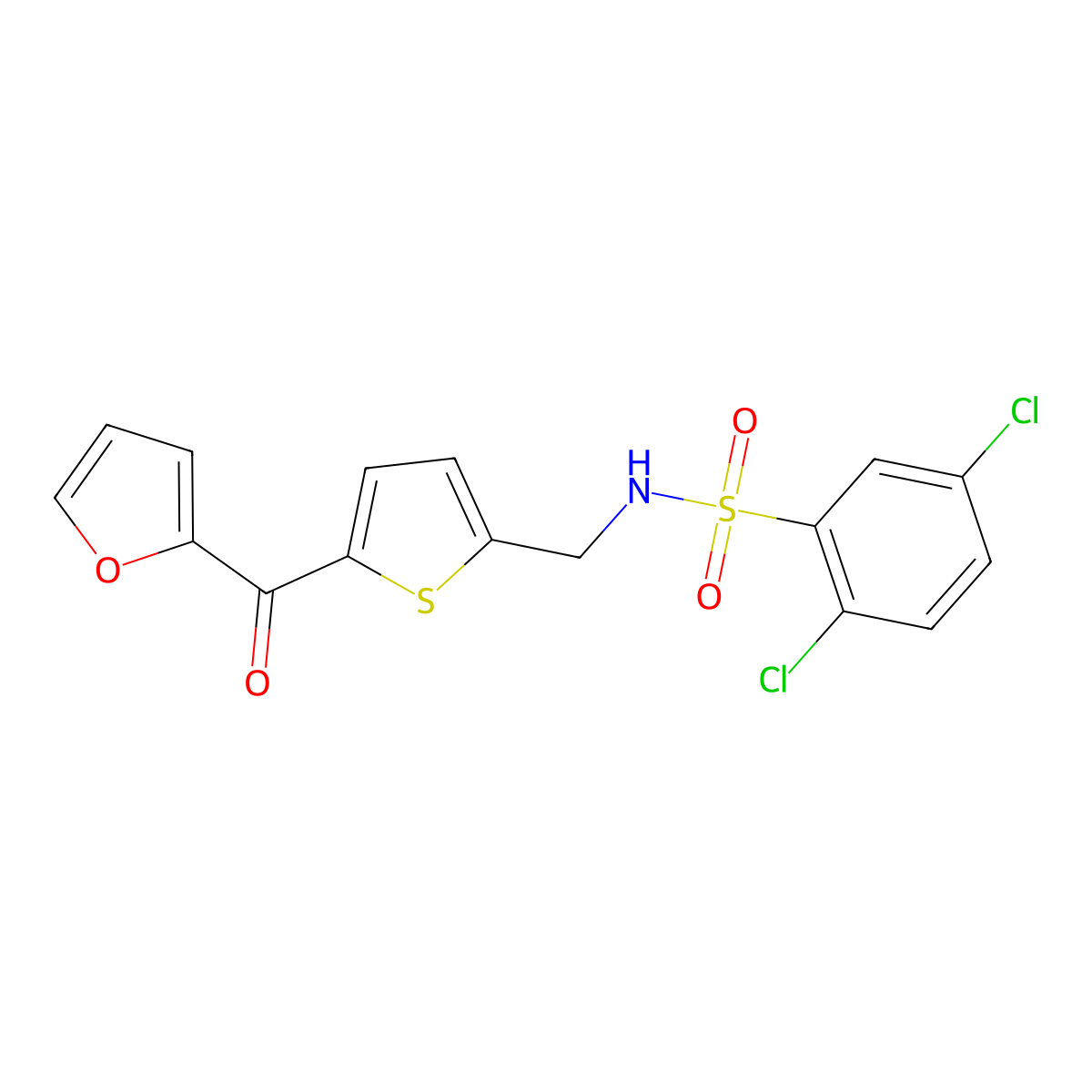 2,5-dichloro-N-((5-(furan-2-carbonyl)thiophen-2-yl)methyl)benzenesulfonamide molecular structure, CAS 1797182-56-9