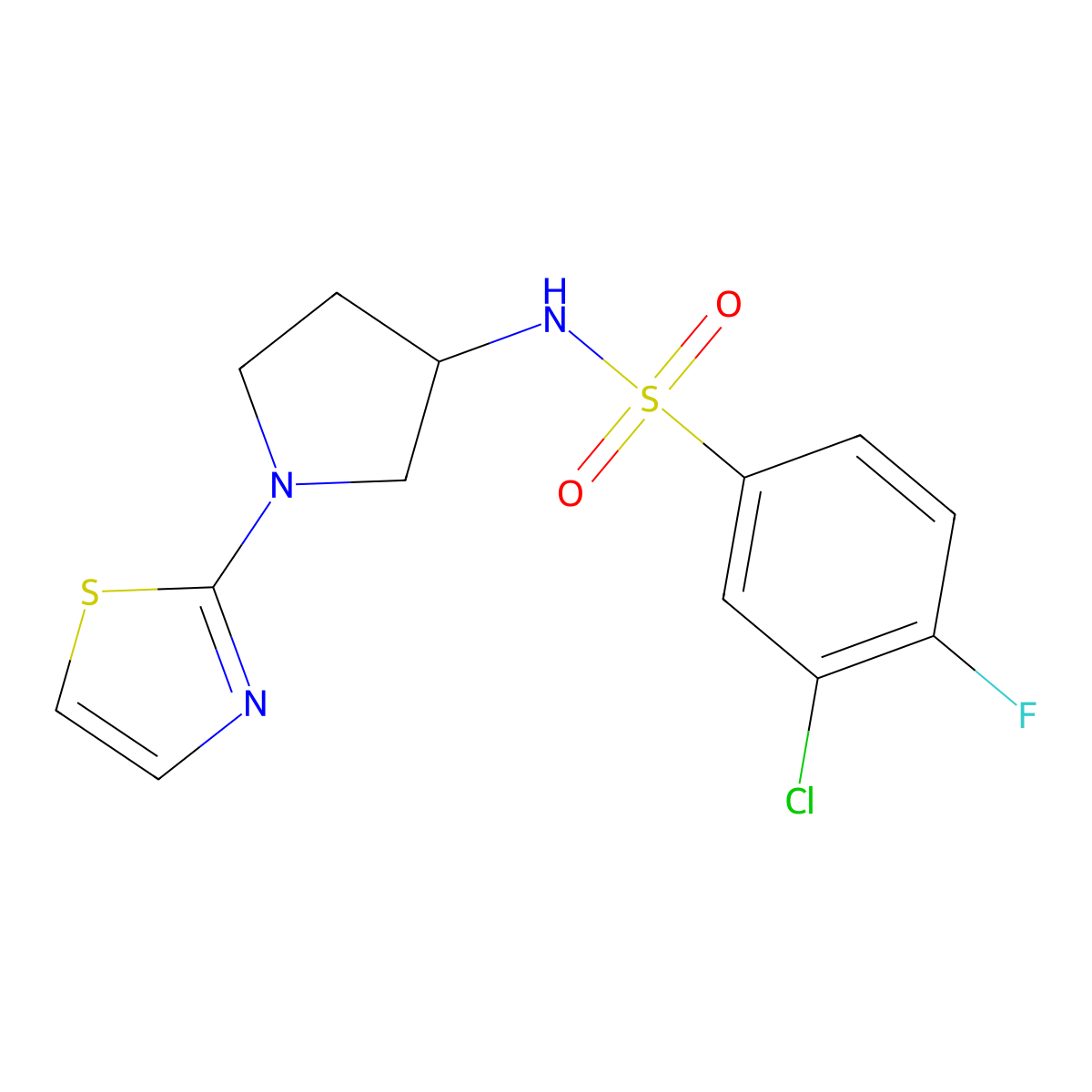 3-chloro-4-fluoro-N-(1-(thiazol-2-yl)pyrrolidin-3-yl)benzenesulfonamide molecular structure, CAS 1797183-22-2