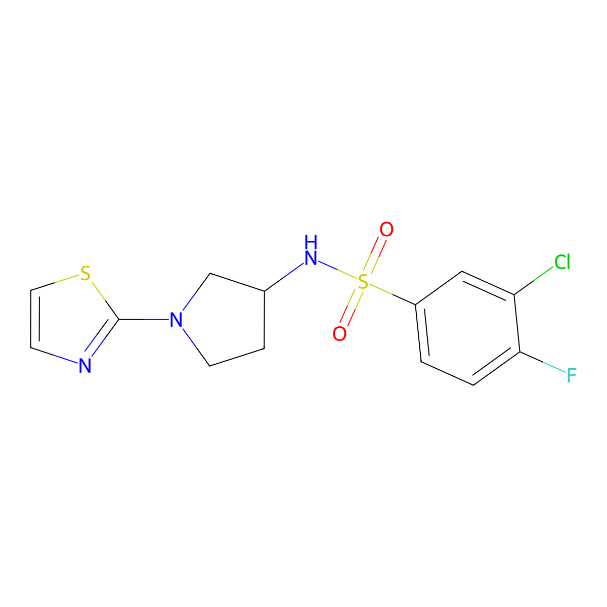 3-chloro-4-fluoro-N-(1-(thiazol-2-yl)pyrrolidin-3-yl)benzenesulfonamide molecular structure, CAS 1797183-22-2