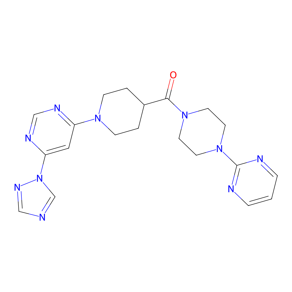 (1-(6-(1H-1,2,4-triazol-1-yl)pyrimidin-4-yl)piperidin-4-yl)(4-(pyrimidin-2-yl)piperazin-1-yl)methanone molecular structure, CAS 1797185-83-1