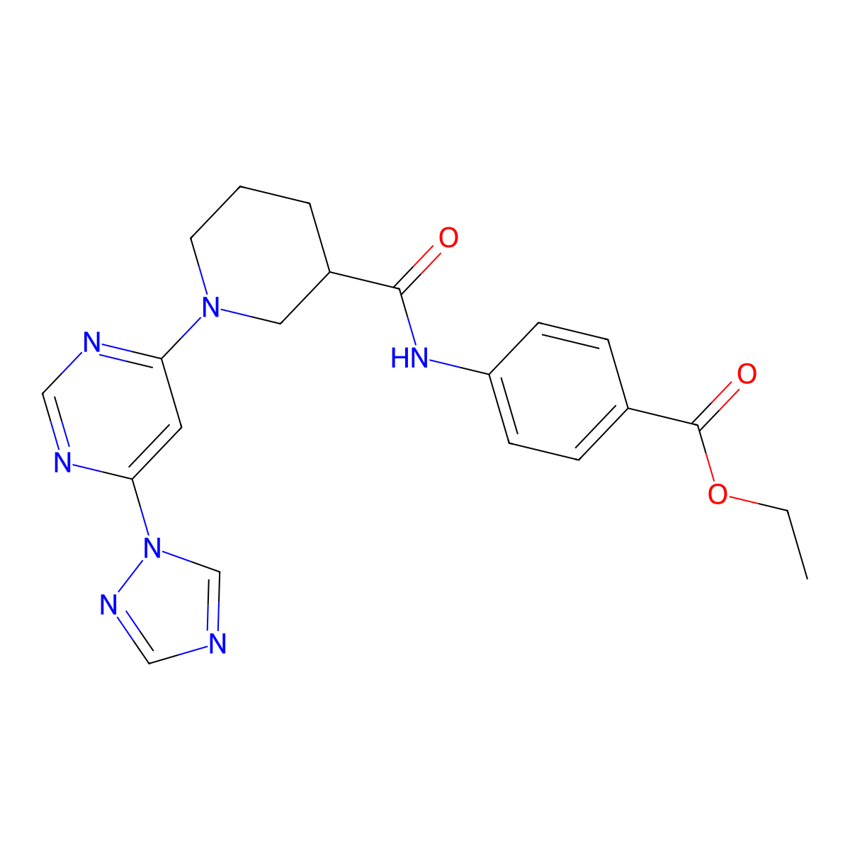 ethyl 4-(1-(6-(1H-1,2,4-triazol-1-yl)pyrimidin-4-yl)piperidine-3-carboxamido)benzoate molecular structure, CAS 1797186-06-1