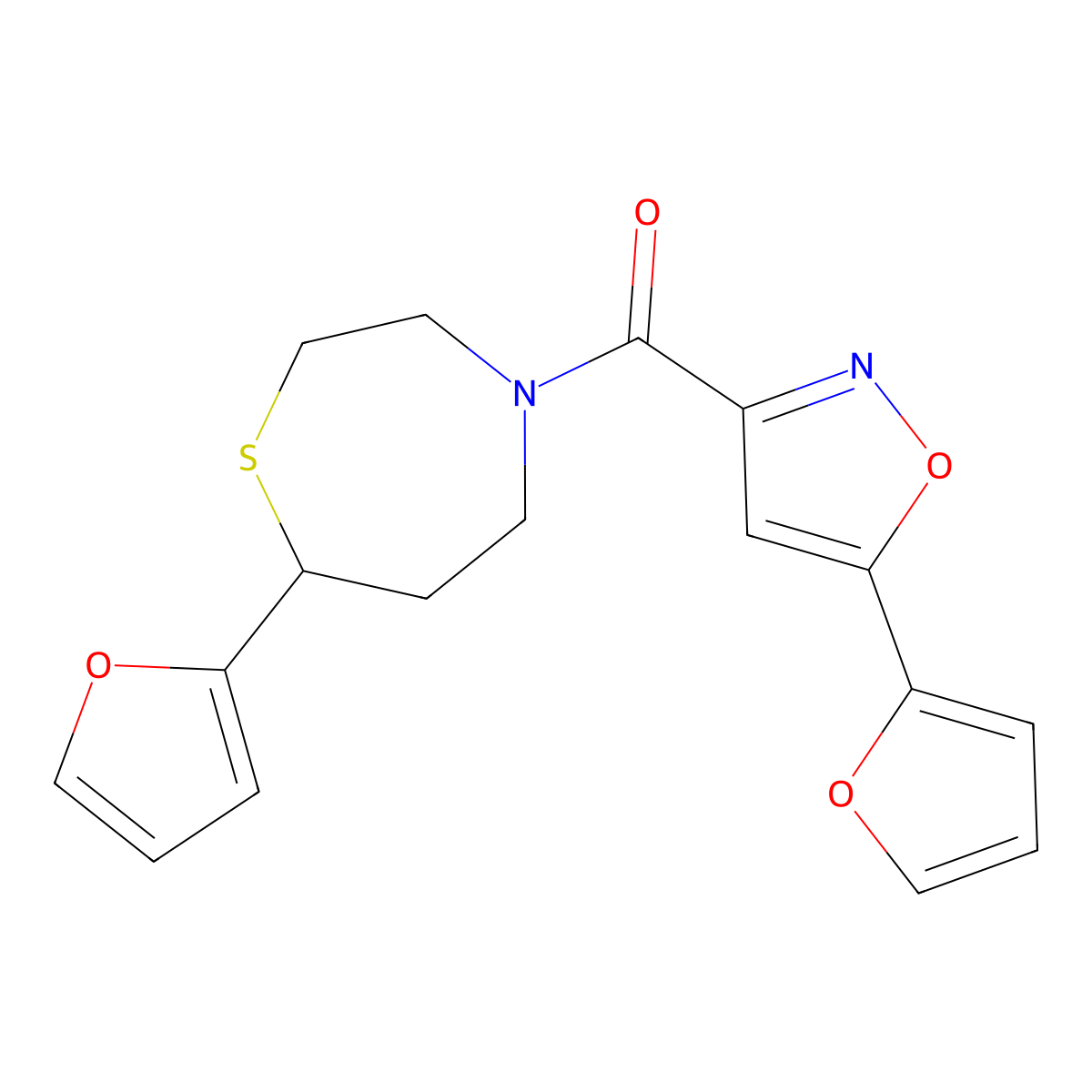 (7-(Furan-2-yl)-1,4-thiazepan-4-yl)(5-(furan-2-yl)isoxazol-3-yl)methanone molecular structure, CAS 1797186-31-2