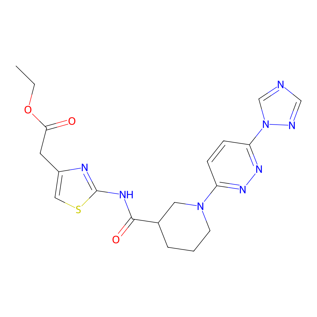 ethyl 2-(2-(1-(6-(1H-1,2,4-triazol-1-yl)pyridazin-3-yl)piperidine-3-carboxamido)thiazol-4-yl)acetate molecular structure, CAS 1797186-40-3