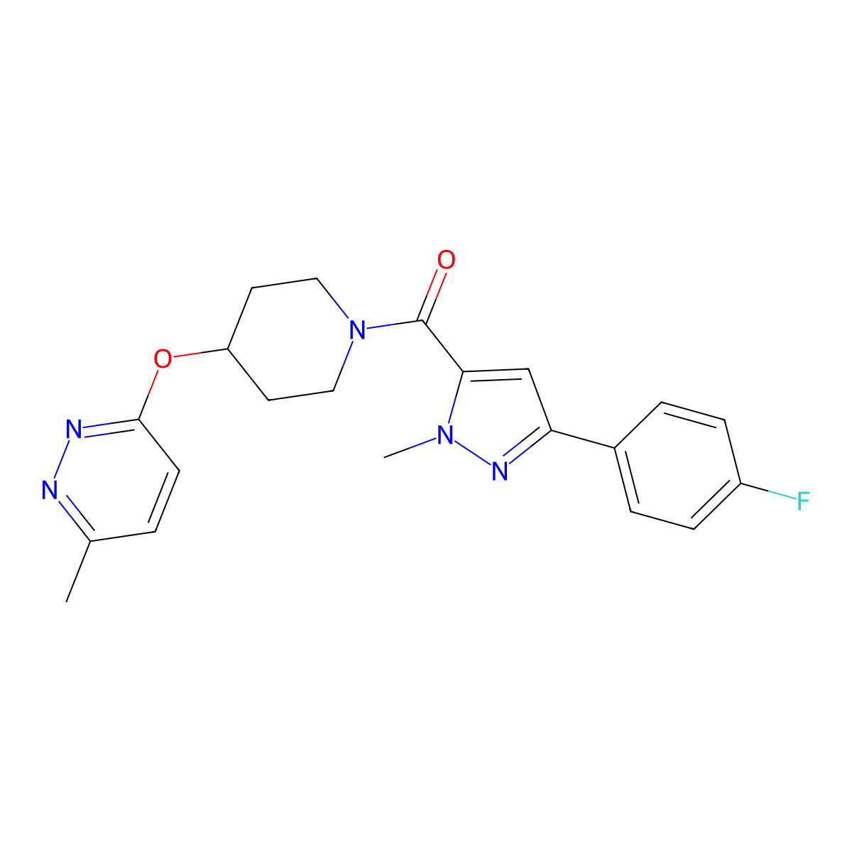 (3-(4-fluorophenyl)-1-methyl-1H-pyrazol-5-yl)(4-((6-methylpyridazin-3-yl)oxy)piperidin-1-yl)methanone molecular structure, CAS 1797187-02-0