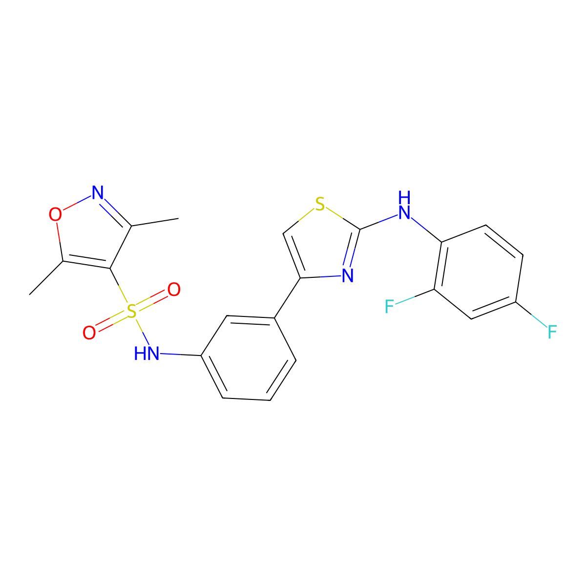 N-(3-(2-((2,4-difluorophenyl)amino)thiazol-4-yl)phenyl)-3,5-dimethylisoxazole-4-sulfonamide molecular structure, CAS 1797187-28-0