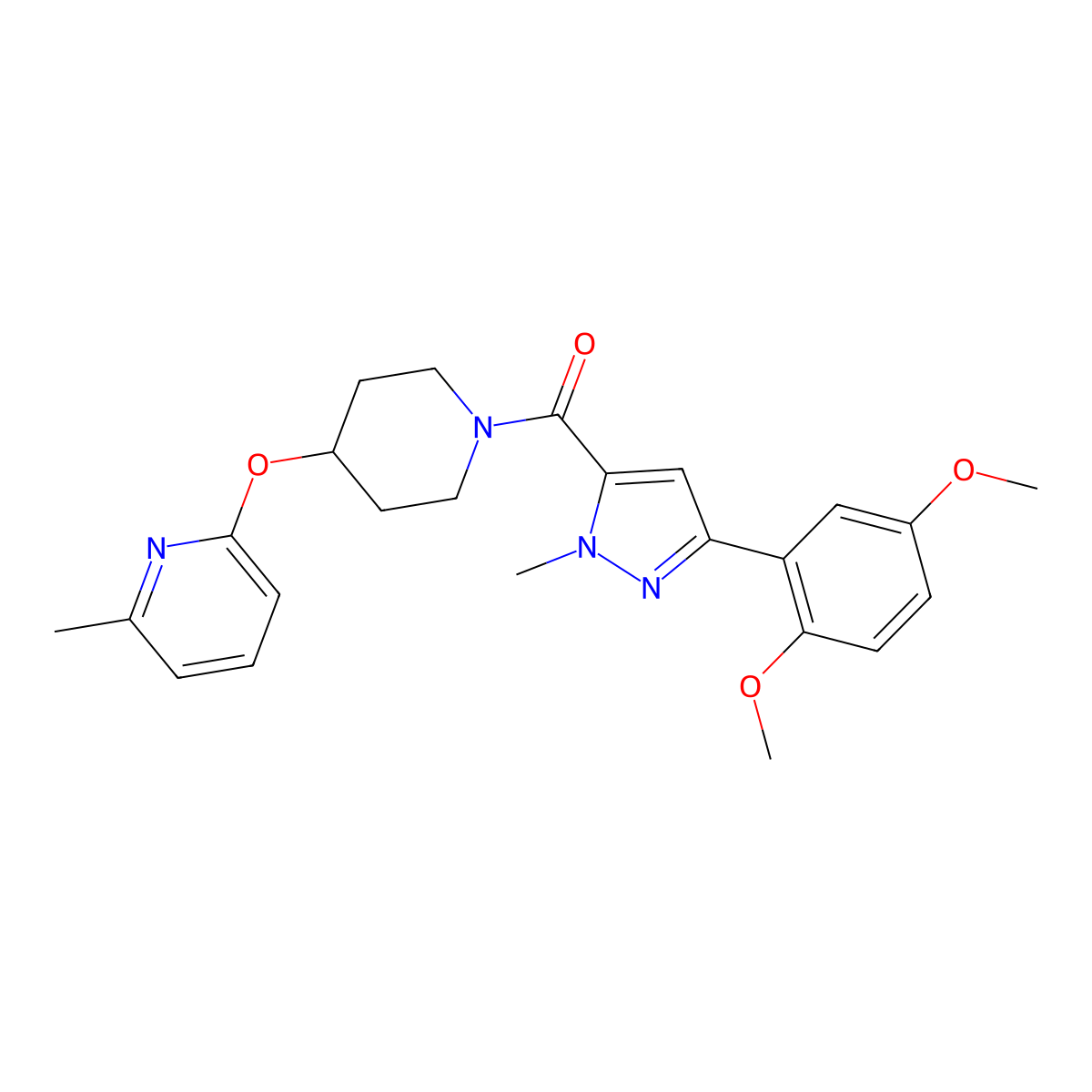 (3-(2,5-dimethoxyphenyl)-1-methyl-1H-pyrazol-5-yl)(4-((6-methylpyridin-2-yl)oxy)piperidin-1-yl)methanone molecular structure, CAS 1797187-67-7