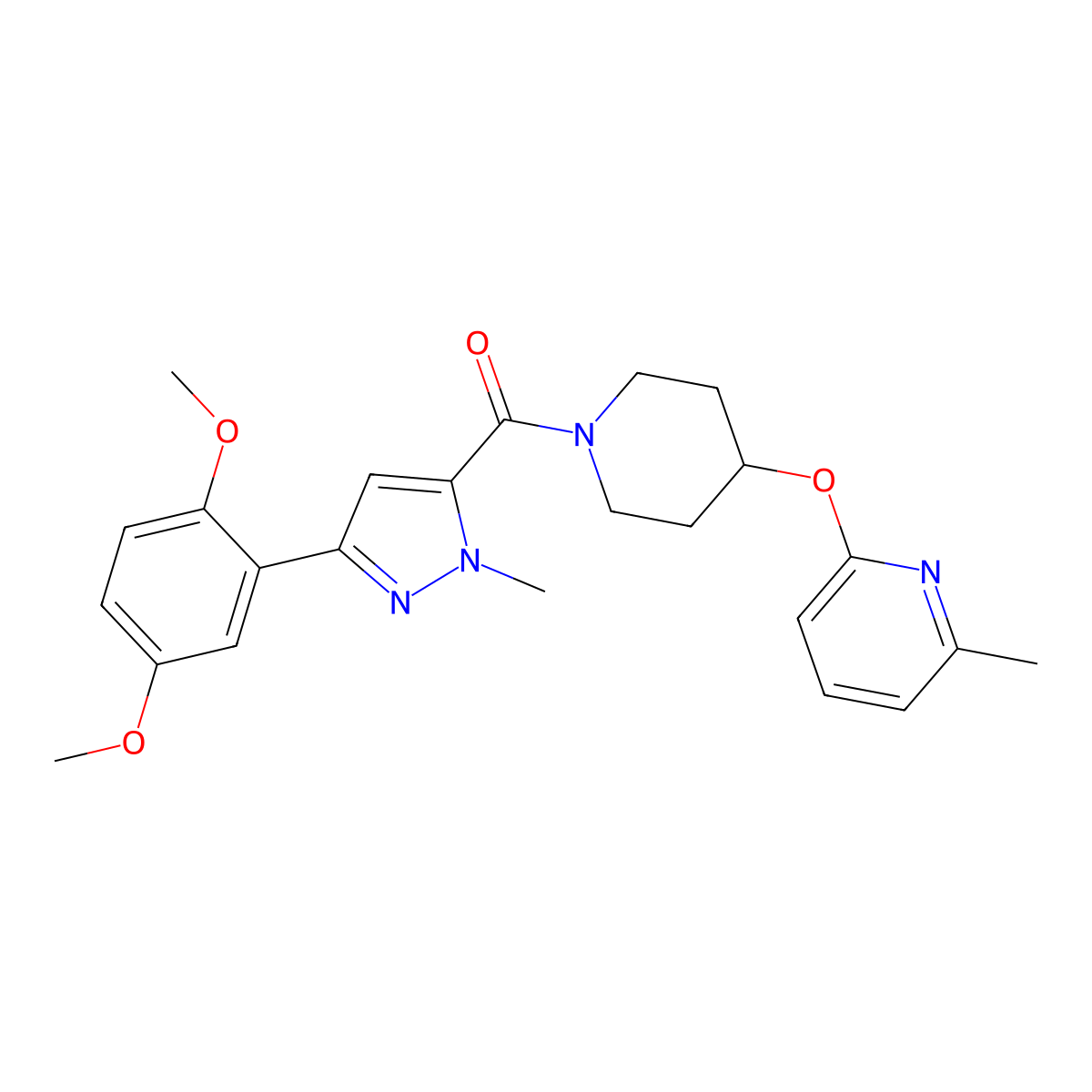 (3-(2,5-dimethoxyphenyl)-1-methyl-1H-pyrazol-5-yl)(4-((6-methylpyridin-2-yl)oxy)piperidin-1-yl)methanone molecular structure, CAS 1797187-67-7