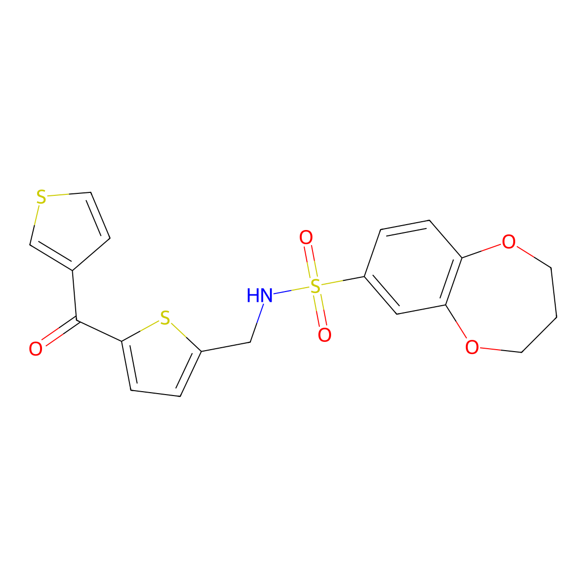 N-((5-(thiophene-3-carbonyl)thiophen-2-yl)methyl)-3,4-dihydro-2H-benzo[b][1,4]dioxepine-7-sulfonamide molecular structure, CAS 1797191-05-9