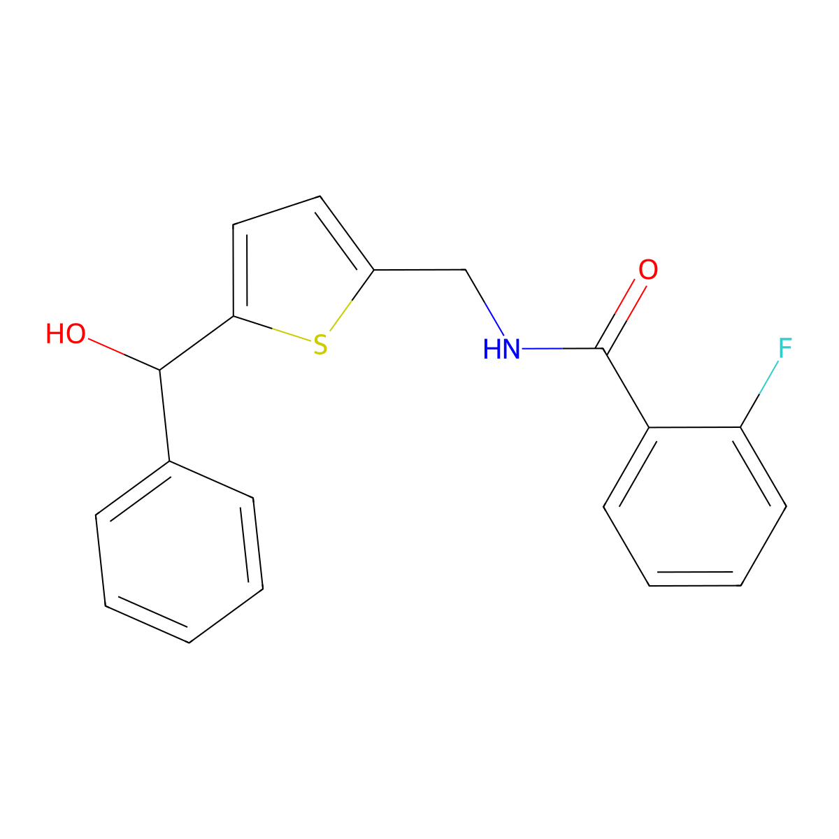 2-fluoro-N-({5-[hydroxy(phenyl)methyl]thiophen-2-yl}methyl)benzamide molecular structure, CAS 1797191-80-0