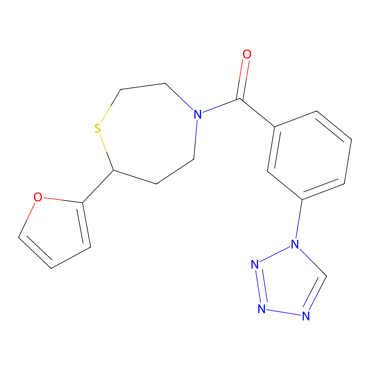 (3-(1H-tetrazol-1-yl)phenyl)(7-(furan-2-yl)-1,4-thiazepan-4-yl)methanone molecular structure, CAS 1797205-46-9