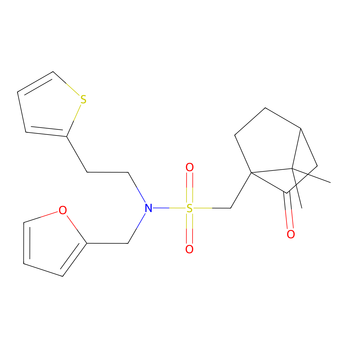 1-(7,7-dimethyl-2-oxobicyclo[2.2.1]heptan-1-yl)-N-(furan-2-ylmethyl)-N-(2-(thiophen-2-yl)ethyl)methanesulfonamide molecular structure, CAS 1797213-02-5