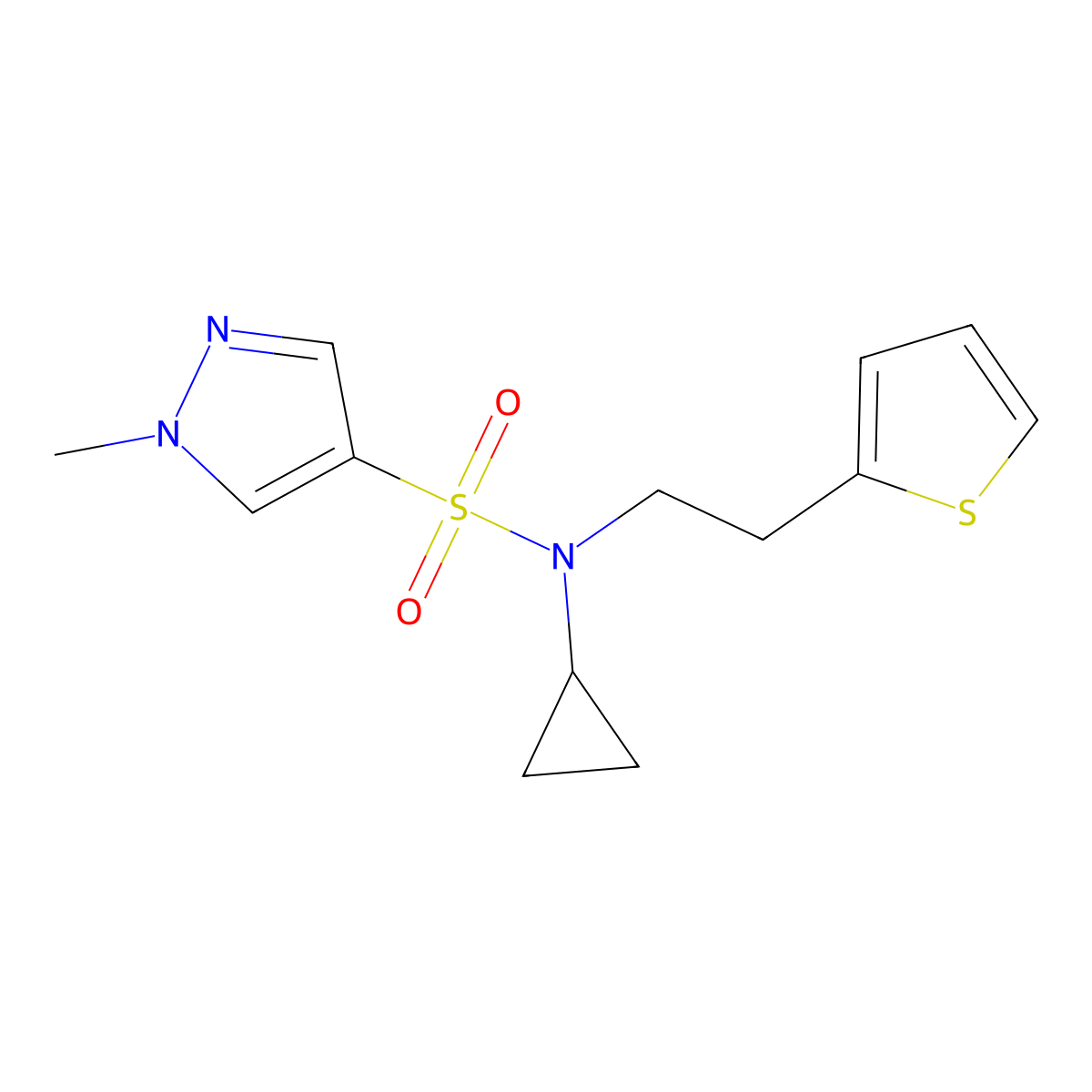 N-cyclopropyl-1-methyl-N-(2-(thiophen-2-yl)ethyl)-1H-pyrazole-4-sulfonamide molecular structure, CAS 1797213-04-7