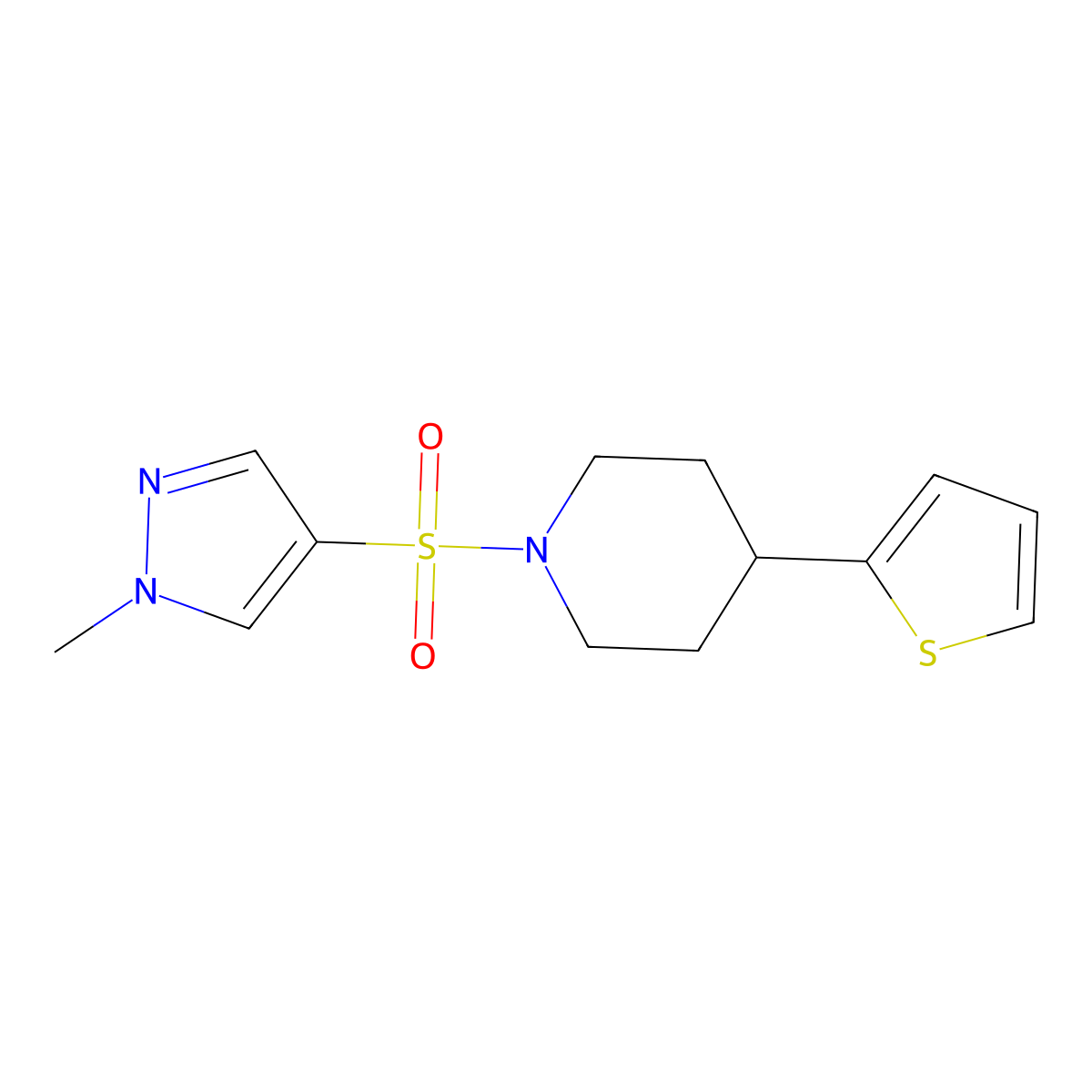 1-((1-methyl-1H-pyrazol-4-yl)sulfonyl)-4-(thiophen-2-yl)piperidine molecular structure, CAS 1797213-97-8