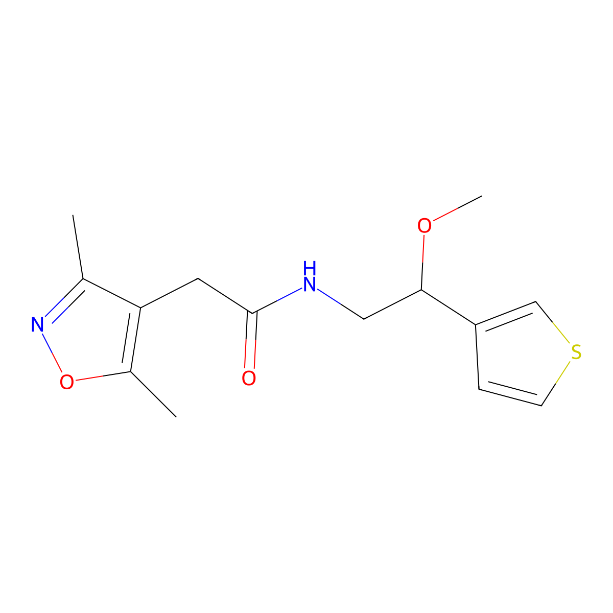 2-(3,5-dimethylisoxazol-4-yl)-N-(2-methoxy-2-(thiophen-3-yl)ethyl)acetamide molecular structure, CAS 1797214-18-6